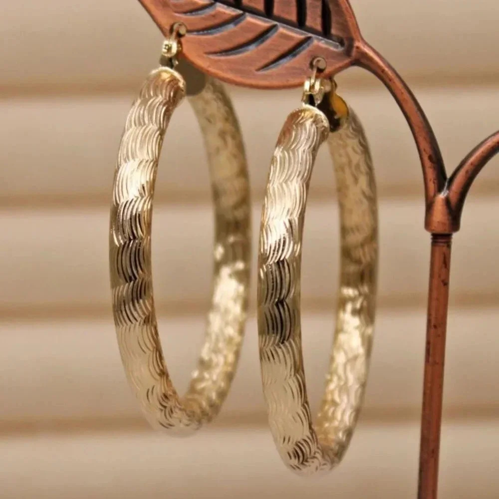 NEW 18K Gold Big Vintage Hoop Textured Drop Earrings 2 inch Hoops